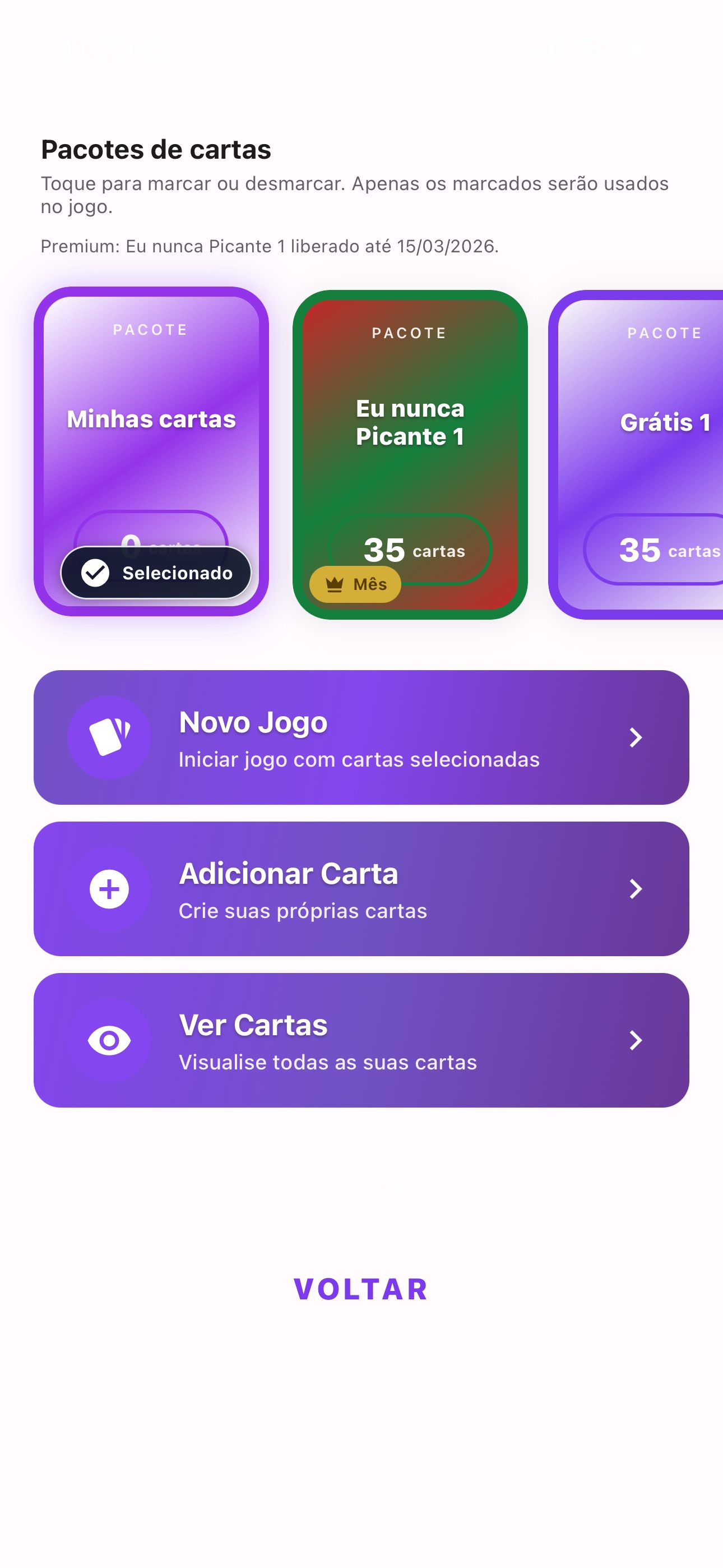 Tela de pacotes de cartas incluindo premium mensal
