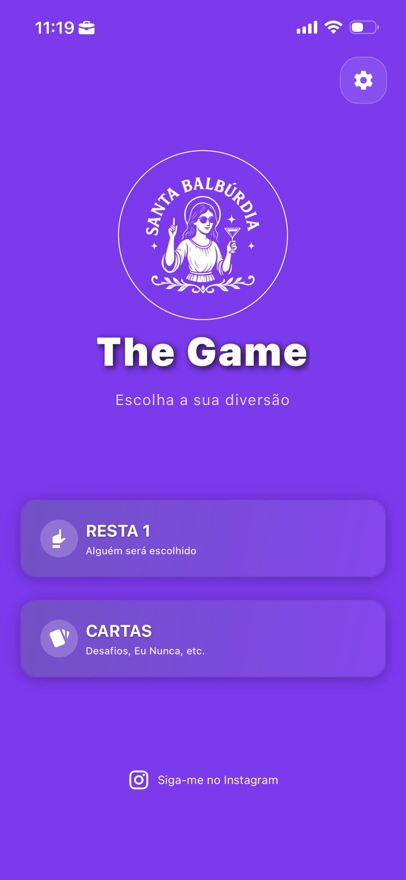 Tela inicial do Santa Balbúrdia mostrando logo e botões de modos de jogo