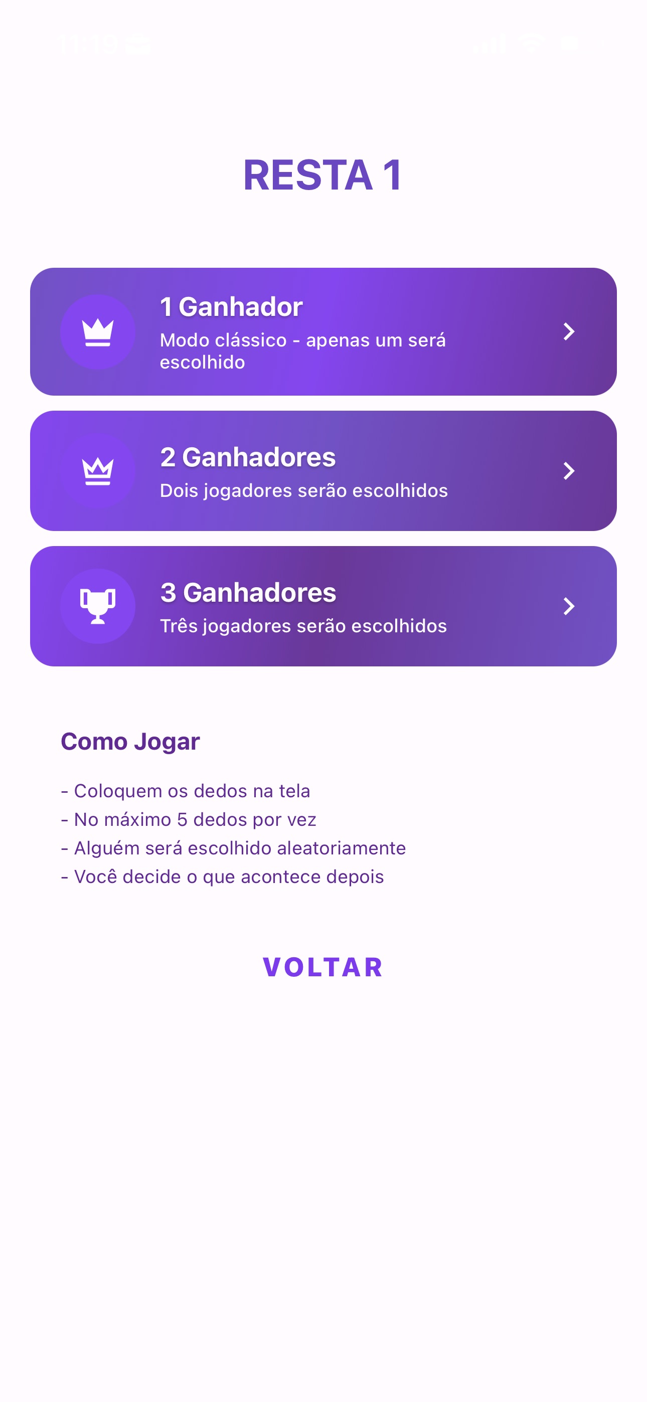 Menu do modo Resta 1 com opções de ganhadores